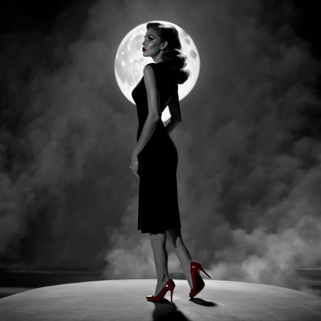 Ethereal Woman Under Full Moon in Monochromatic Style