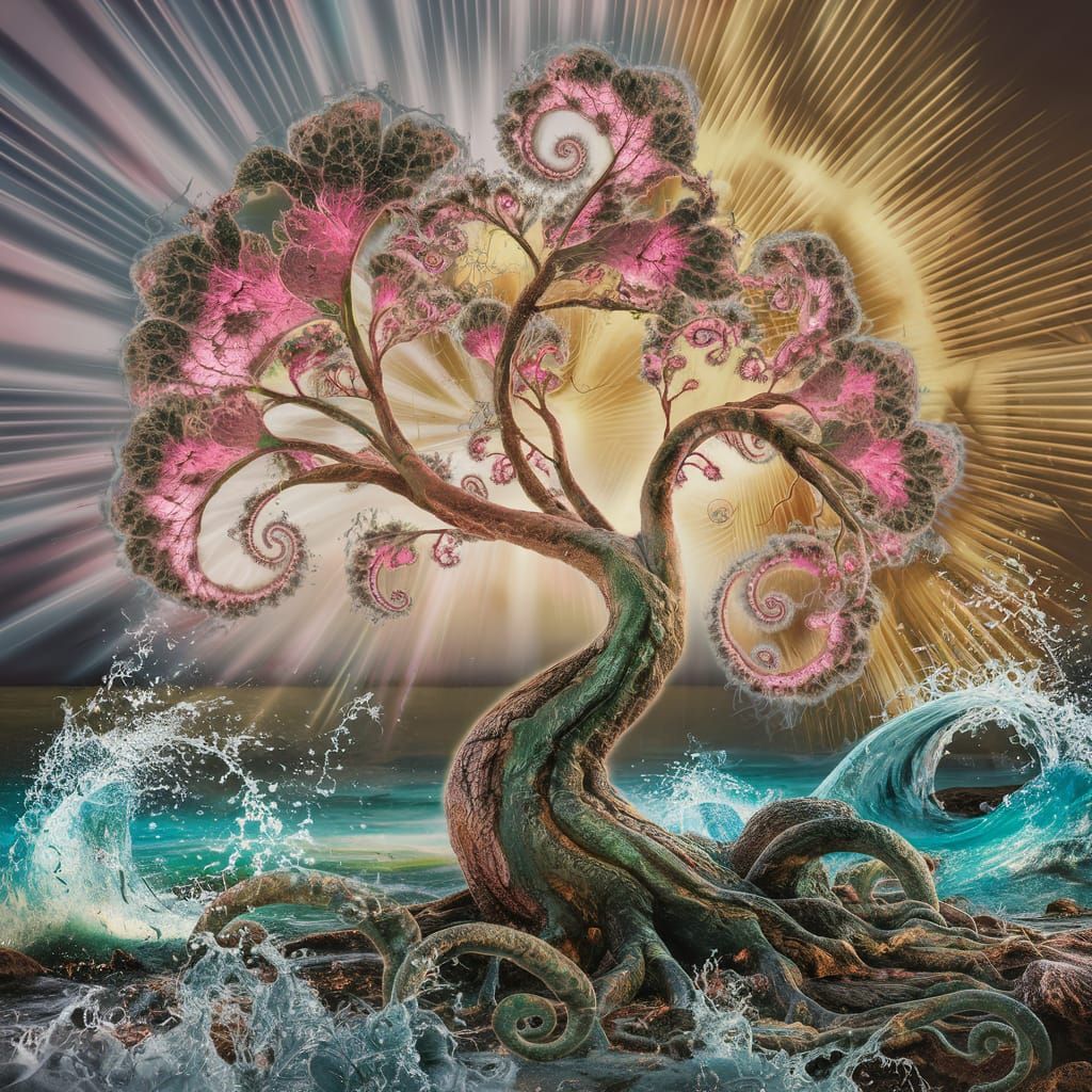 Botanical Tree Scene with Bioluminescent Elements