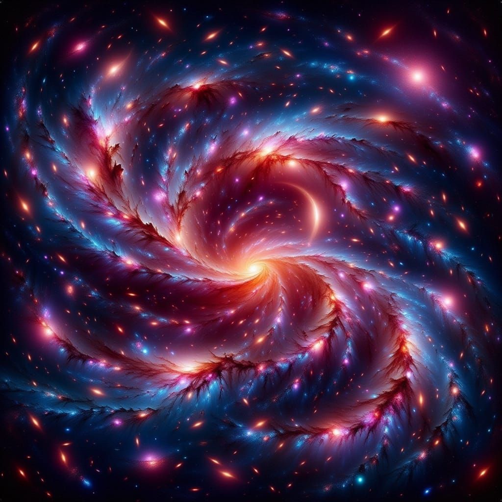 Vibrant Red Moon Amidst Swirling Cosmic Galaxies