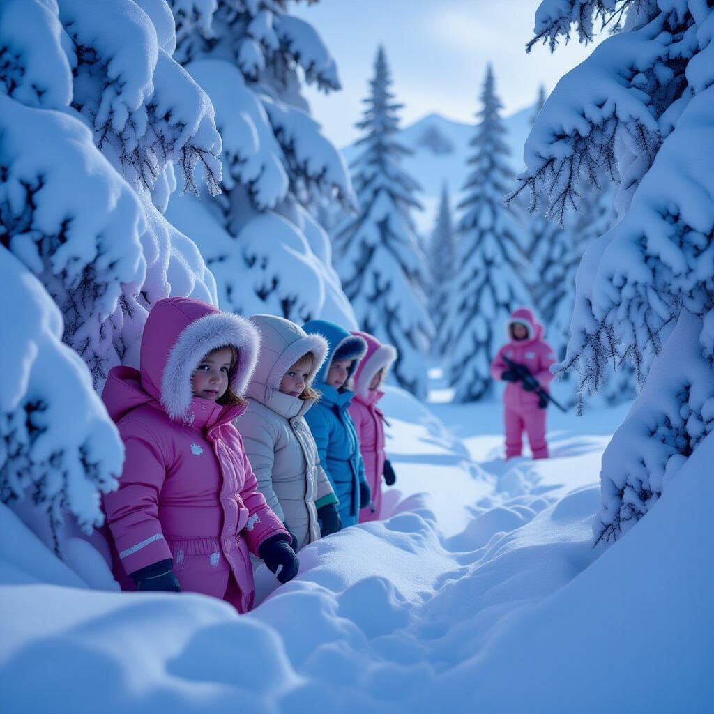 Children Hide From Pink Guards in Antarctic Wasteland