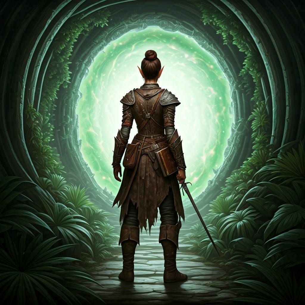 Female half-elf spellsword leaving an alien world.