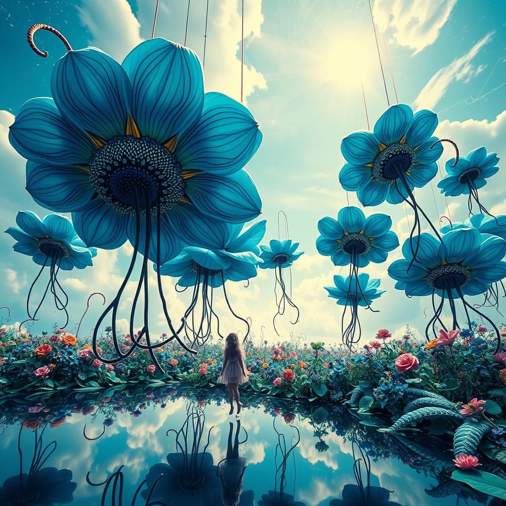 Surreal Fractal Flowers in a Dreamlike Sky Garden