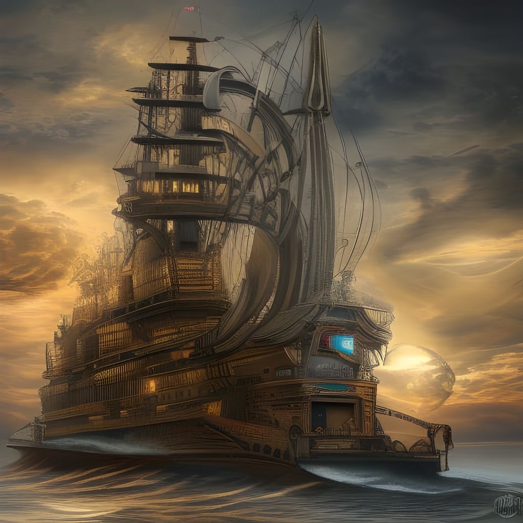 Detailed Steampunk Ship Digital Illustration