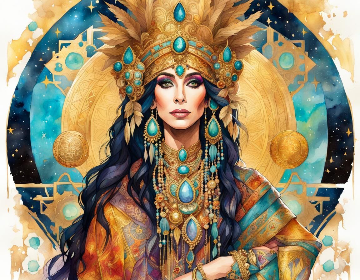Cher as Fantasy Character in Opulent Watercolor
