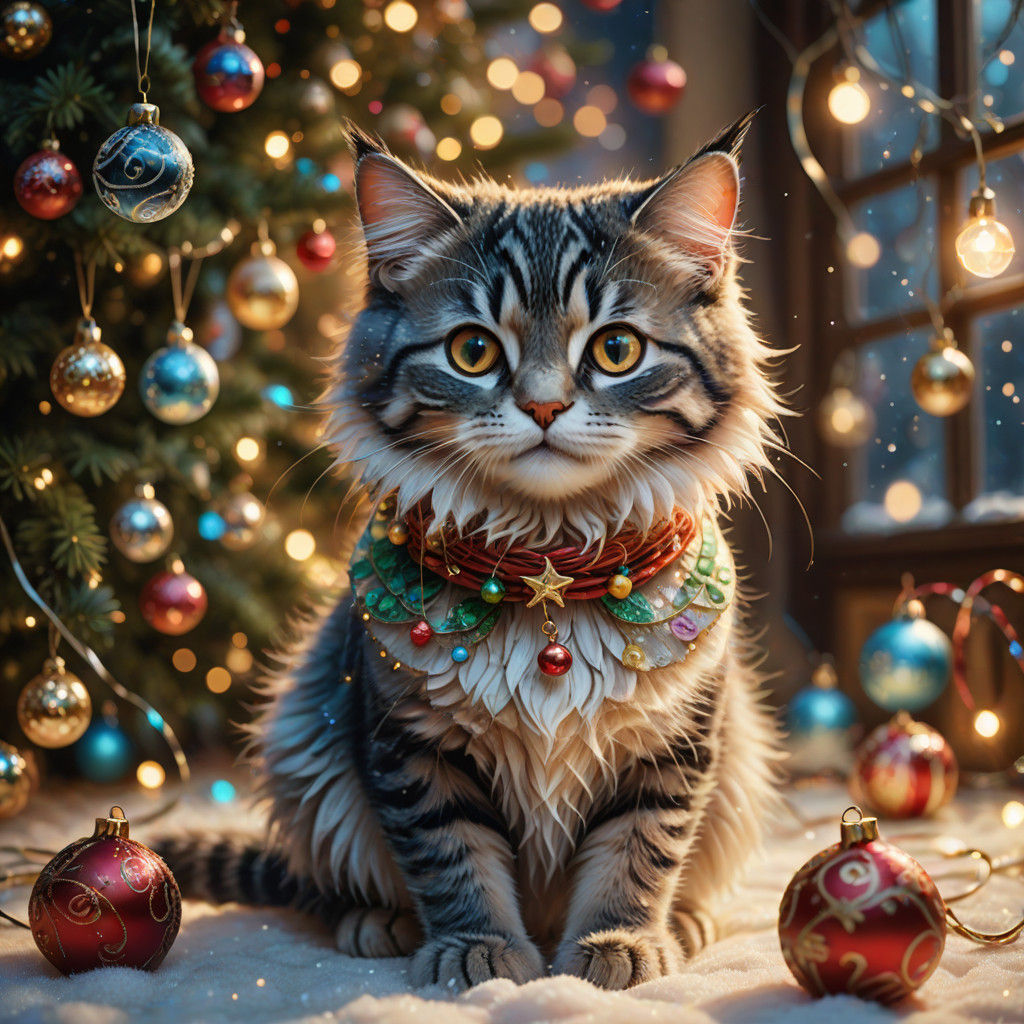 Whimsical Cat in Festive Fantasy Scene