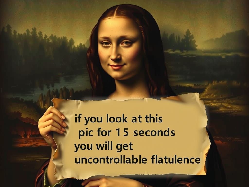 Mona Lisa Holds Flatulence Warning Sign Cinematic