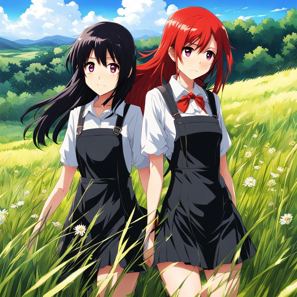 Anime Girls Strolling Through Field in Manga Style