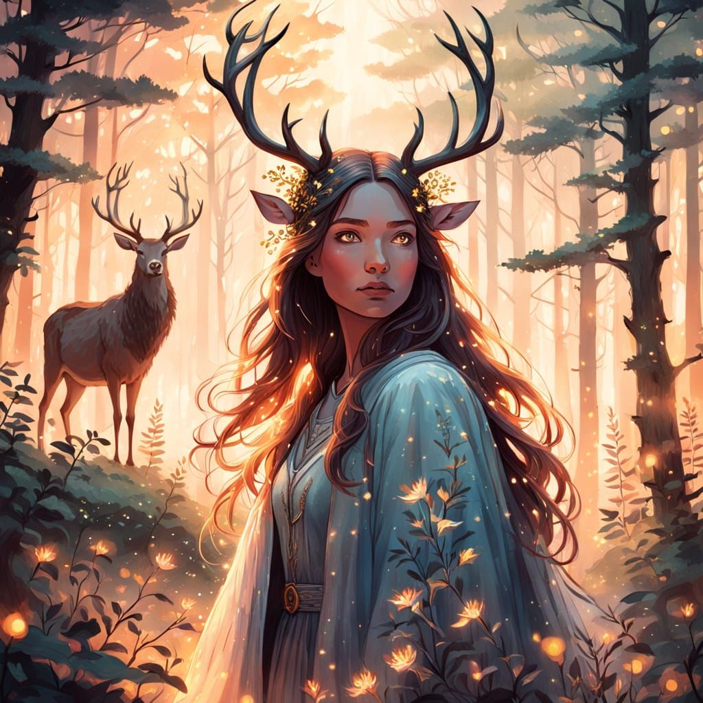 Woman and Stag in Misty Forest Clearing