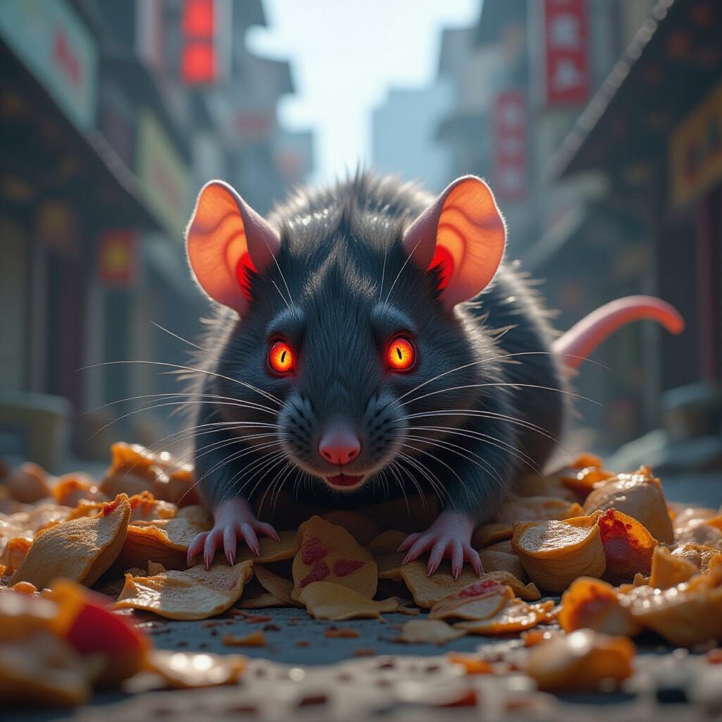 Giant Terrifying Rat Emerging From Food Pile