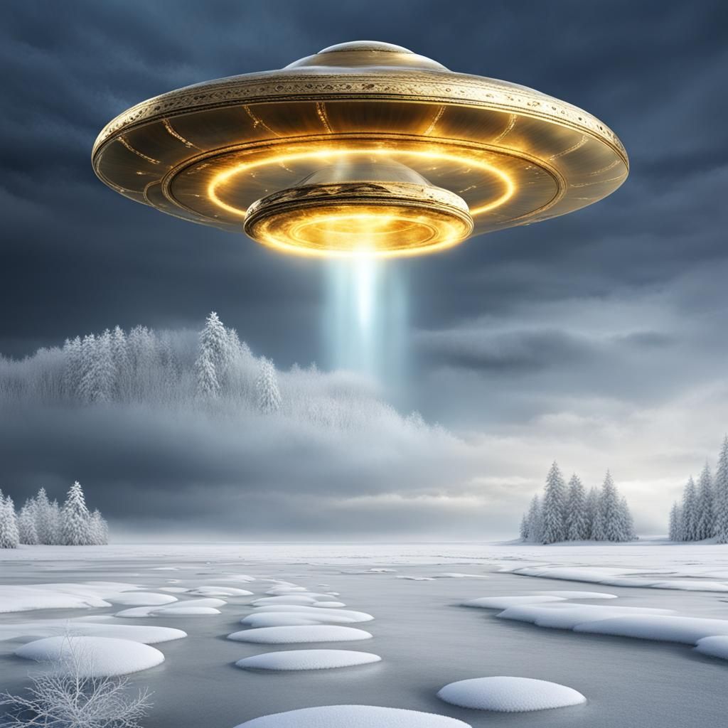 UFO Over Frozen Sea in Gold and Silver