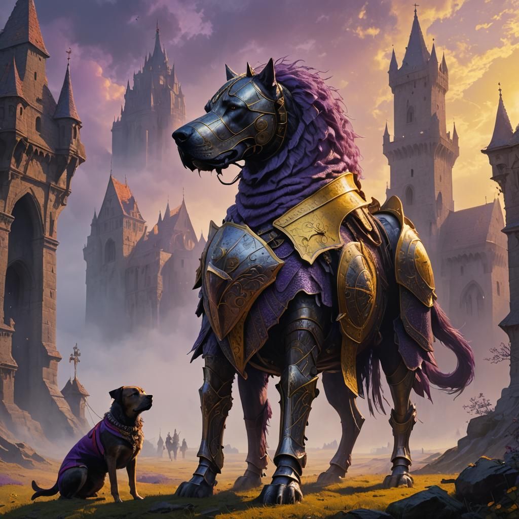 Knight with Colossal Dog in Dreamlike Landscape