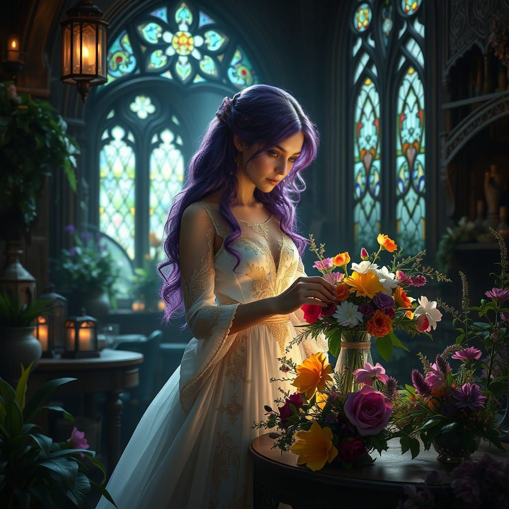 Modern Celtic Florist in Mystical Studio with Violet Hair