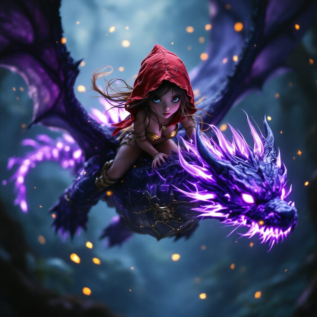 Cute Warrior Fae Rides Glowing Shadow Dragon