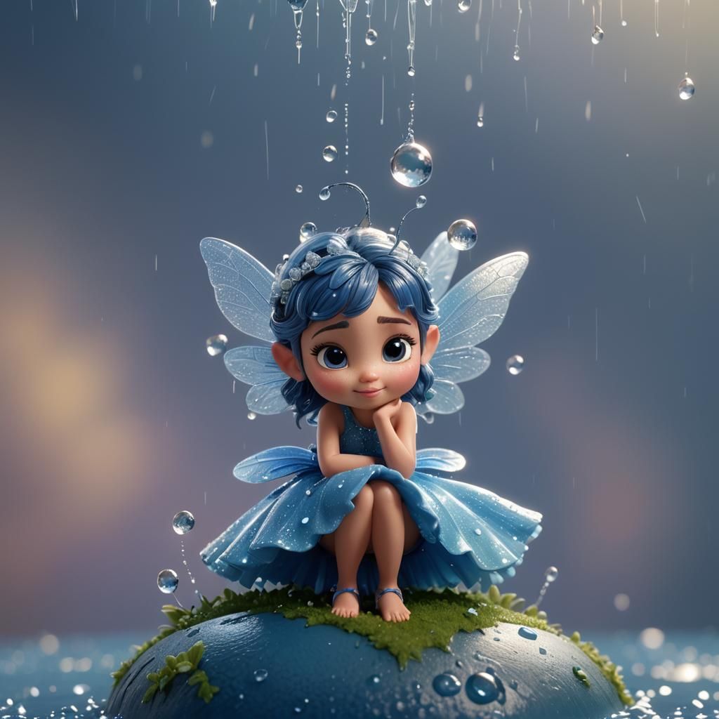 Adorable Blue Fairy on Raindrop: 3D Digital Art
