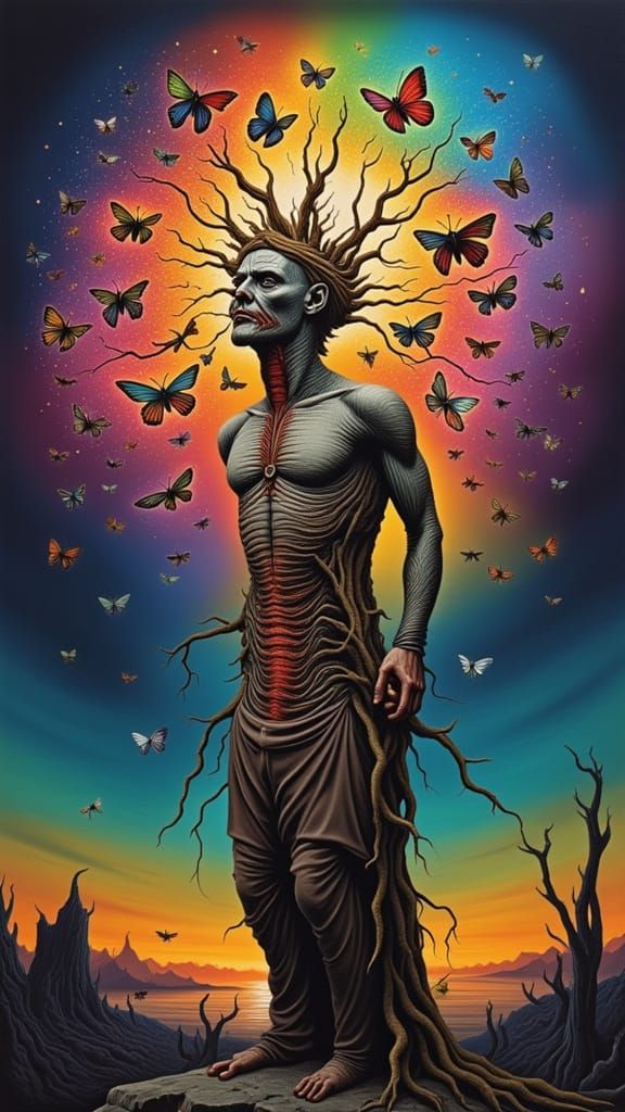 Man in Moth Costume Illuminated by Rainbow Lightning