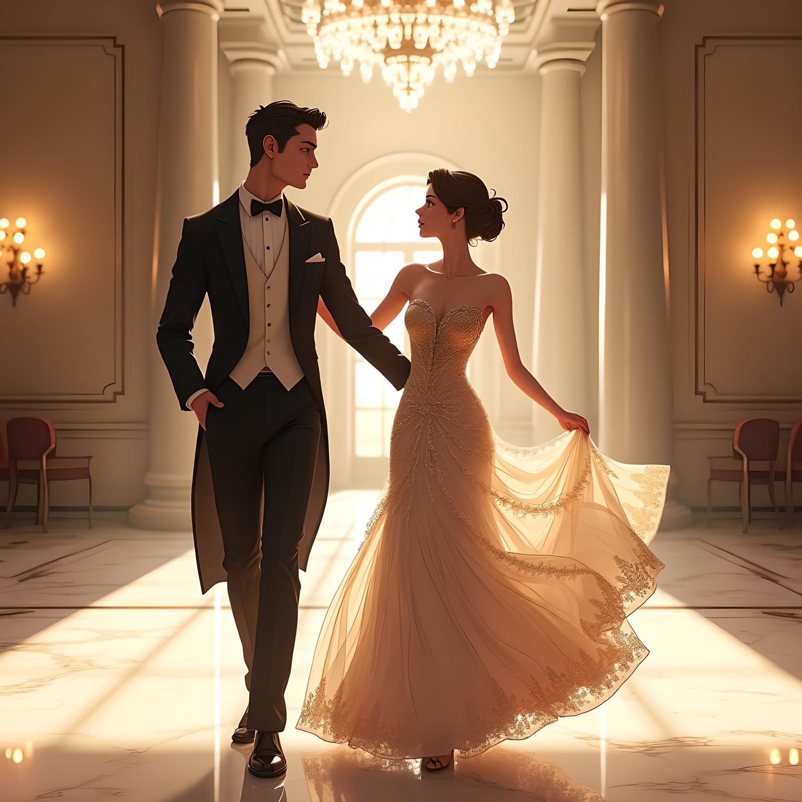 Elegant Couple Waltzing in Anime-Inspired 3D Art
