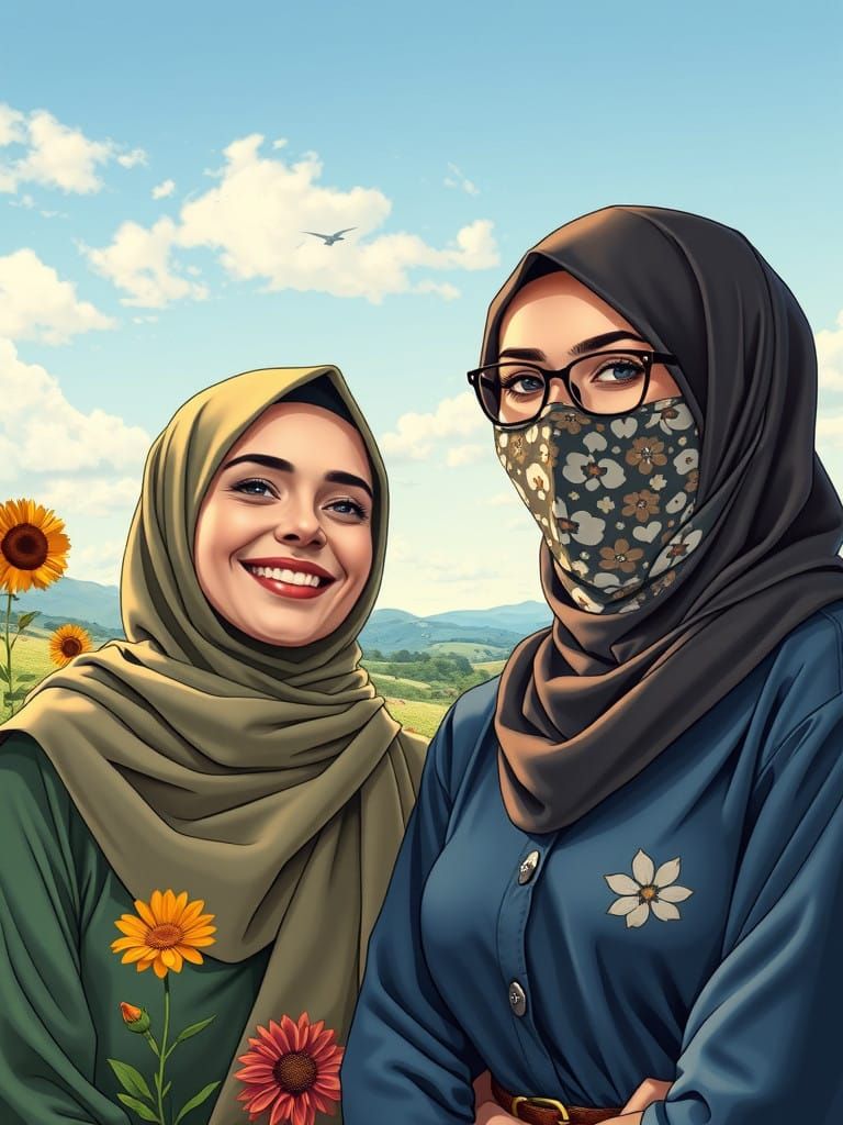 Hijab-Clad Friends in Vibrant Summer Landscape, Comic Book S...