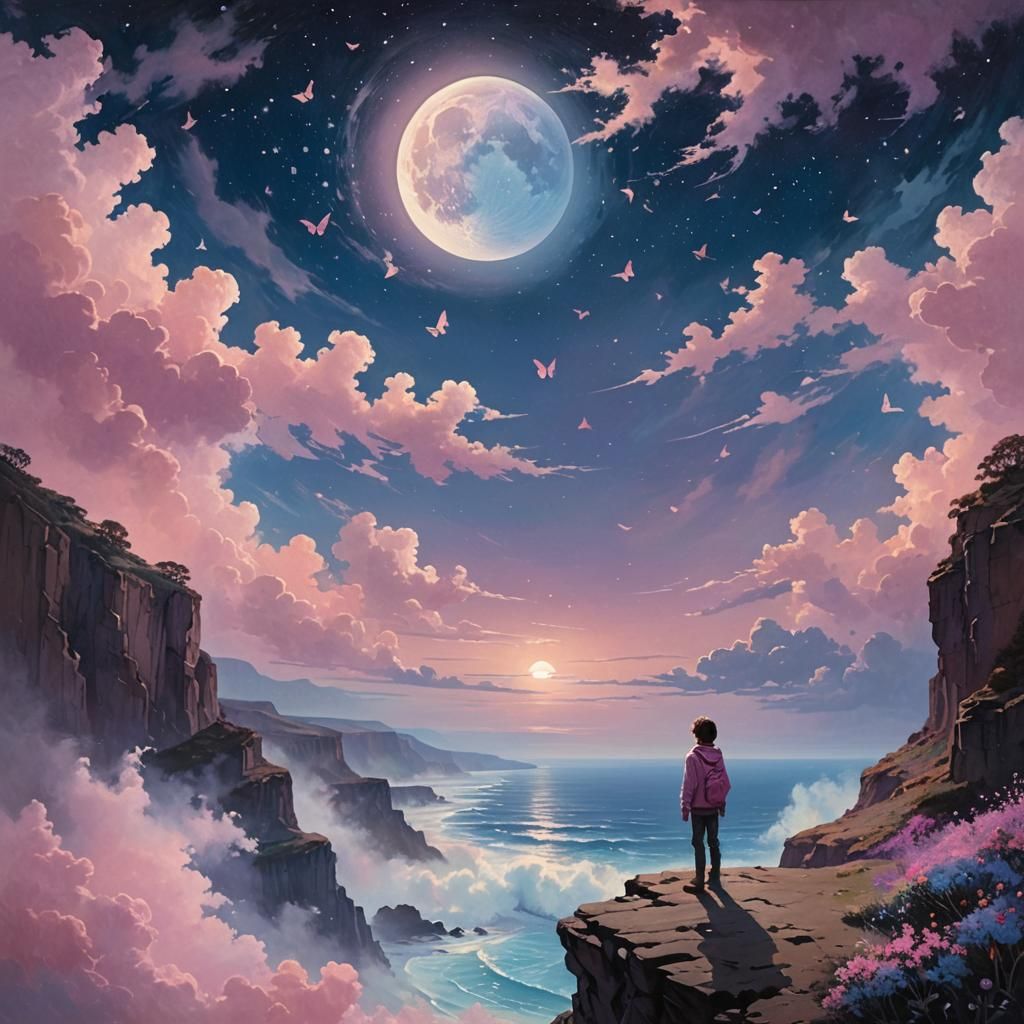 Ethereal Moonlit Landscape with Boy and Butterflies