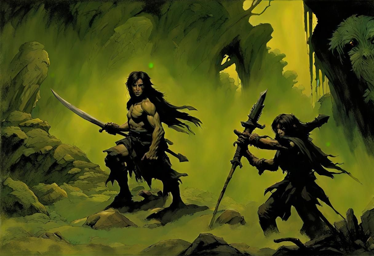 Halflings Attack in a Tropical Forest, Frazetta Style