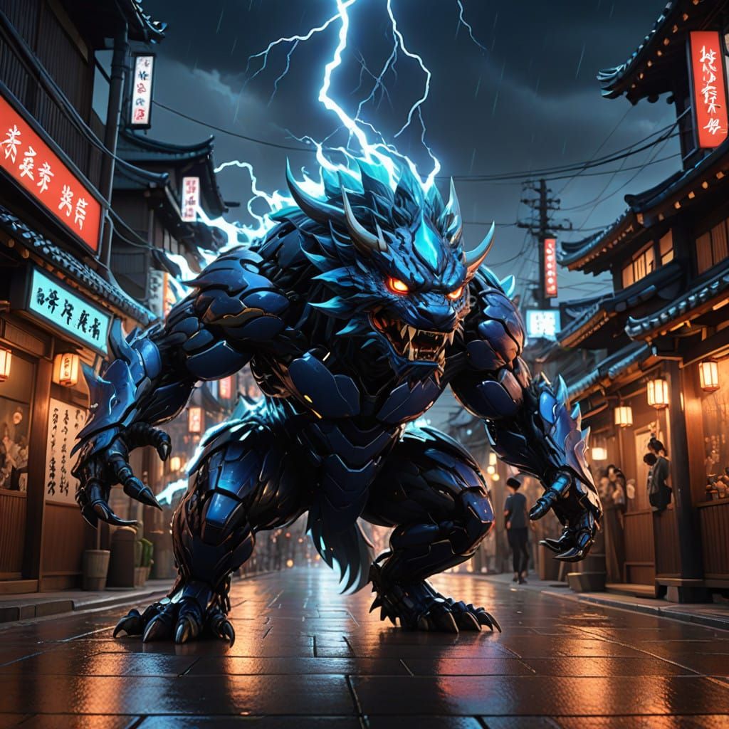 Vibrant Kyoto Lightning Monster in Whimsical Anime Style