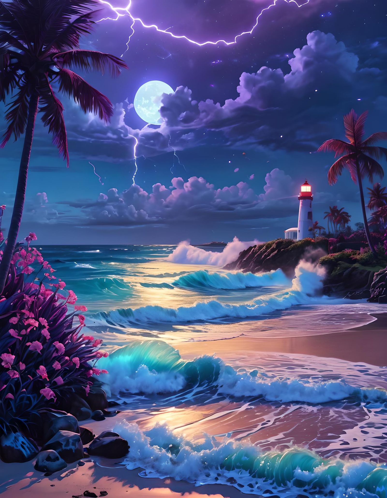 Vaporwave Beach with Lightning and Holographic Rays