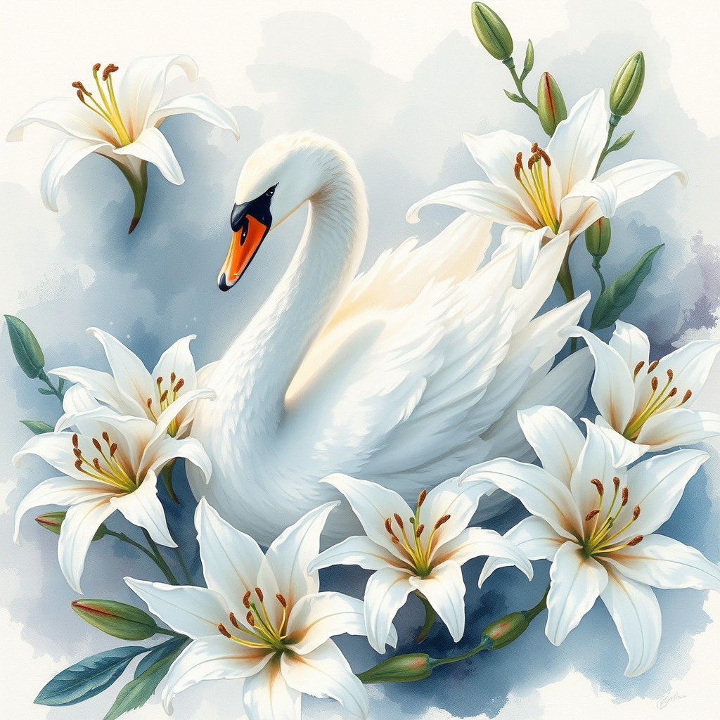 Ethereal Swan Among White Lilies in Watercolor