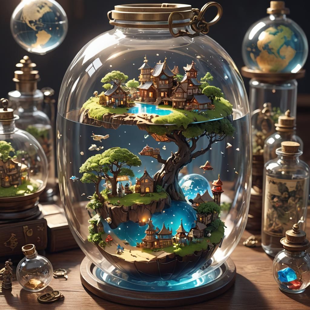 World Globe Inside Bottle: Anime-Inspired 3D Art