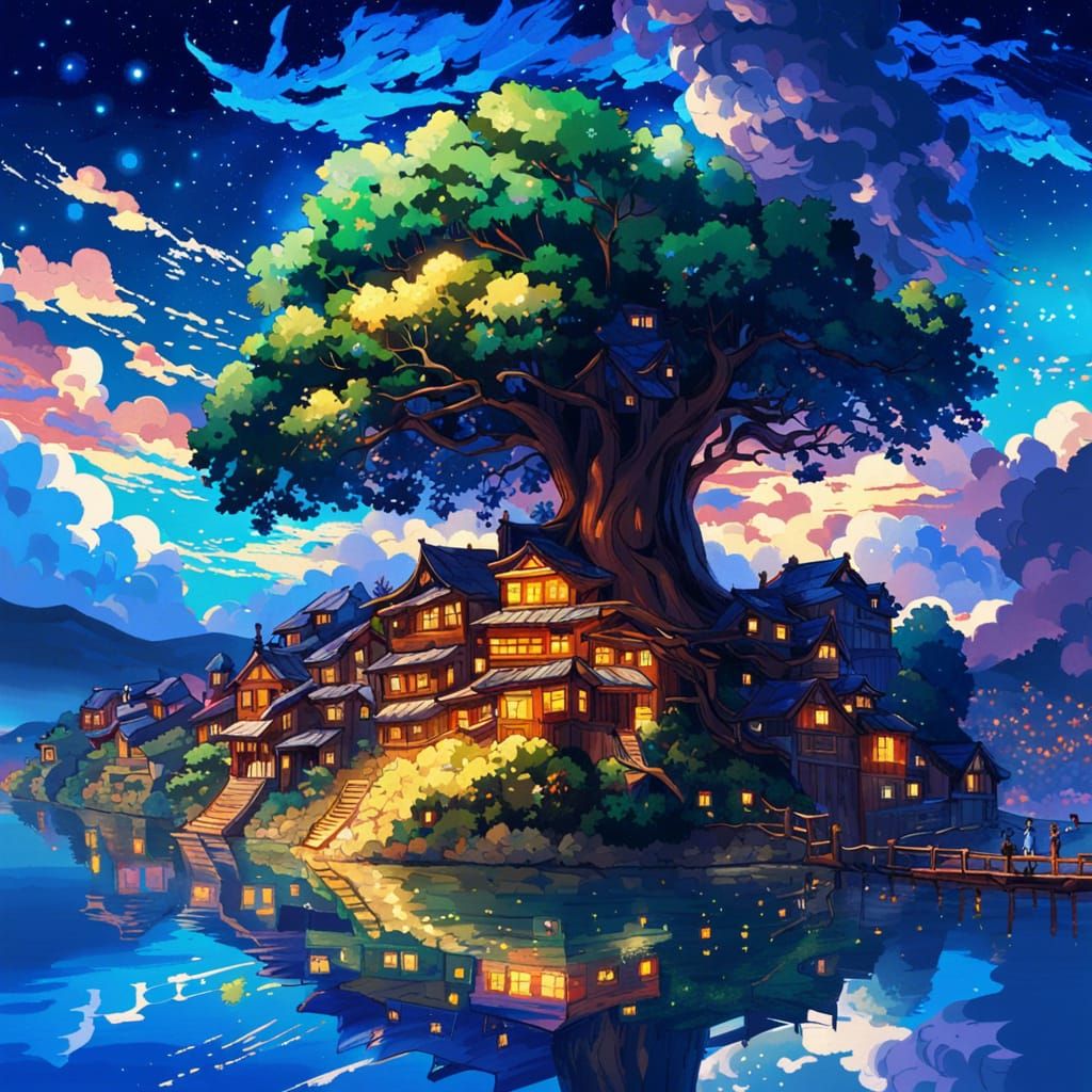 Anime Tree of Life Over Medieval City