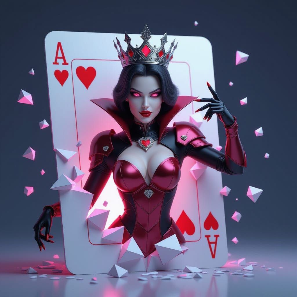 Futuristic Queen of Hearts Emerges from Holographic Card