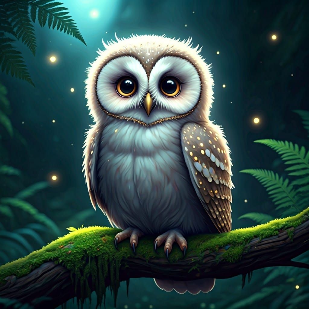 Fantasy Baby Owl in Moonlit Forest