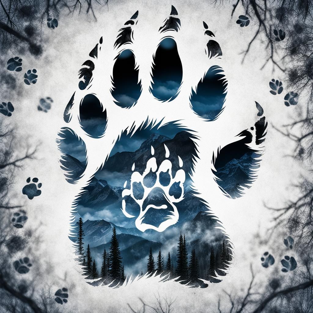 Bear in a Paw Print: HDR Hyperrealistic Double Exposure