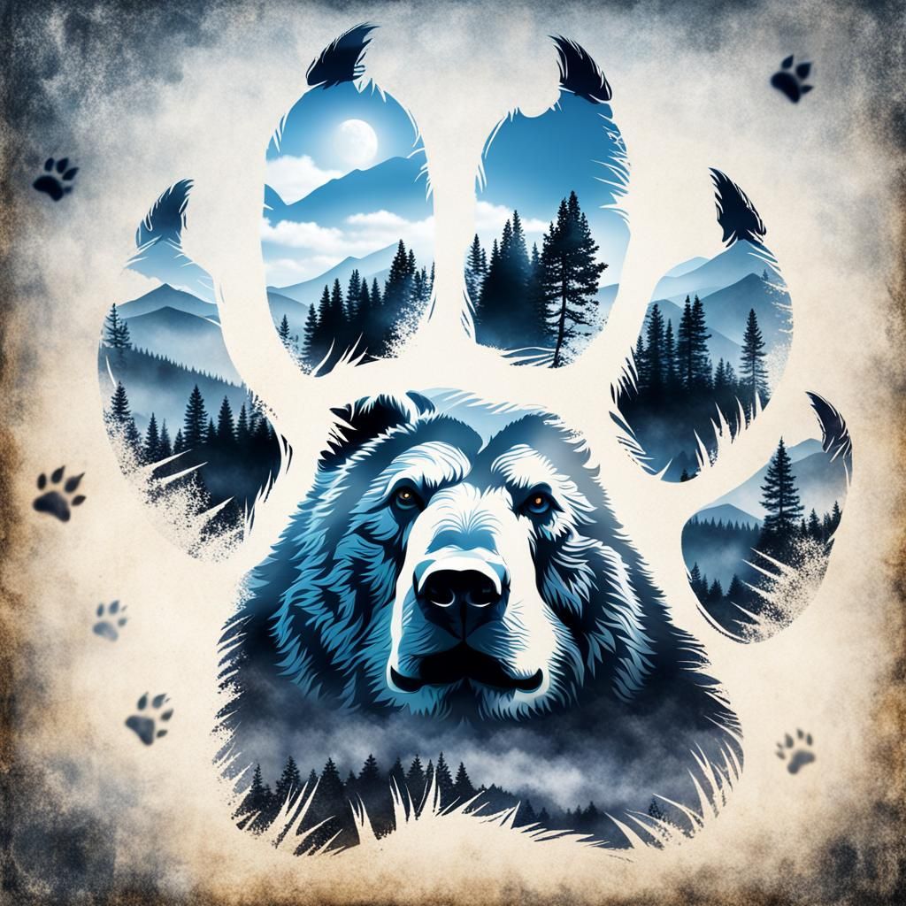 Hyperrealistic Bear Double Exposure in Paw Print