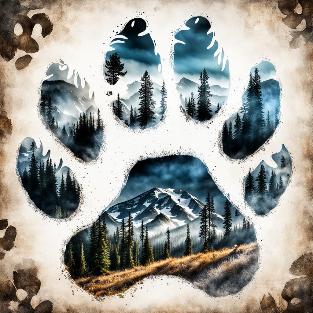 Bear Double Exposure Inside Paw Print