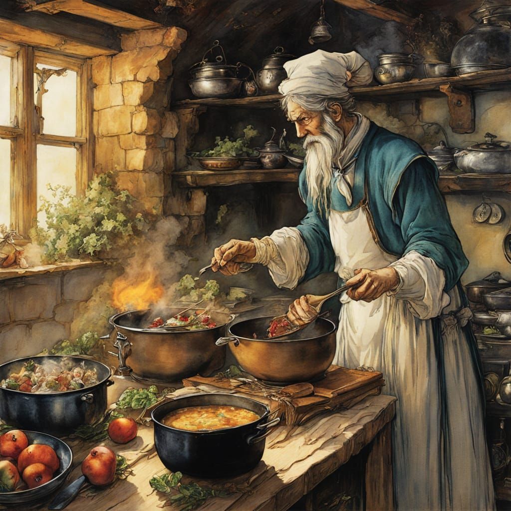 Wizard Cooking With Saturated Colors in Whimsical Anime Styl...