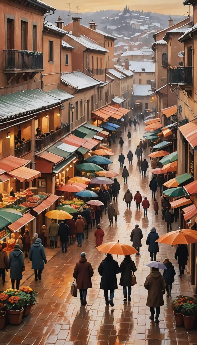 Snowy Spanish Market in Realistic Oil Painting Style
