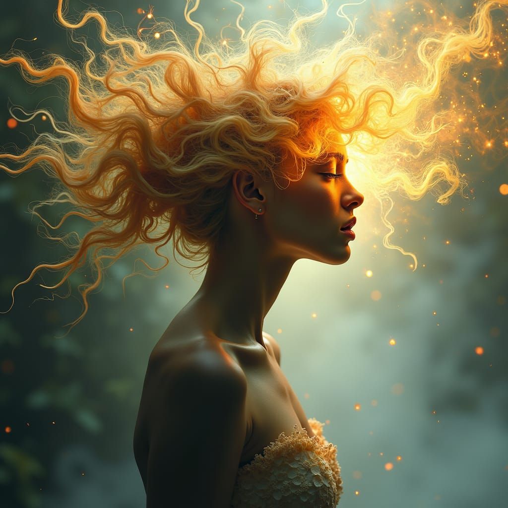 Blonde Woman in Iridescent Mist, Dark Fantasy Art