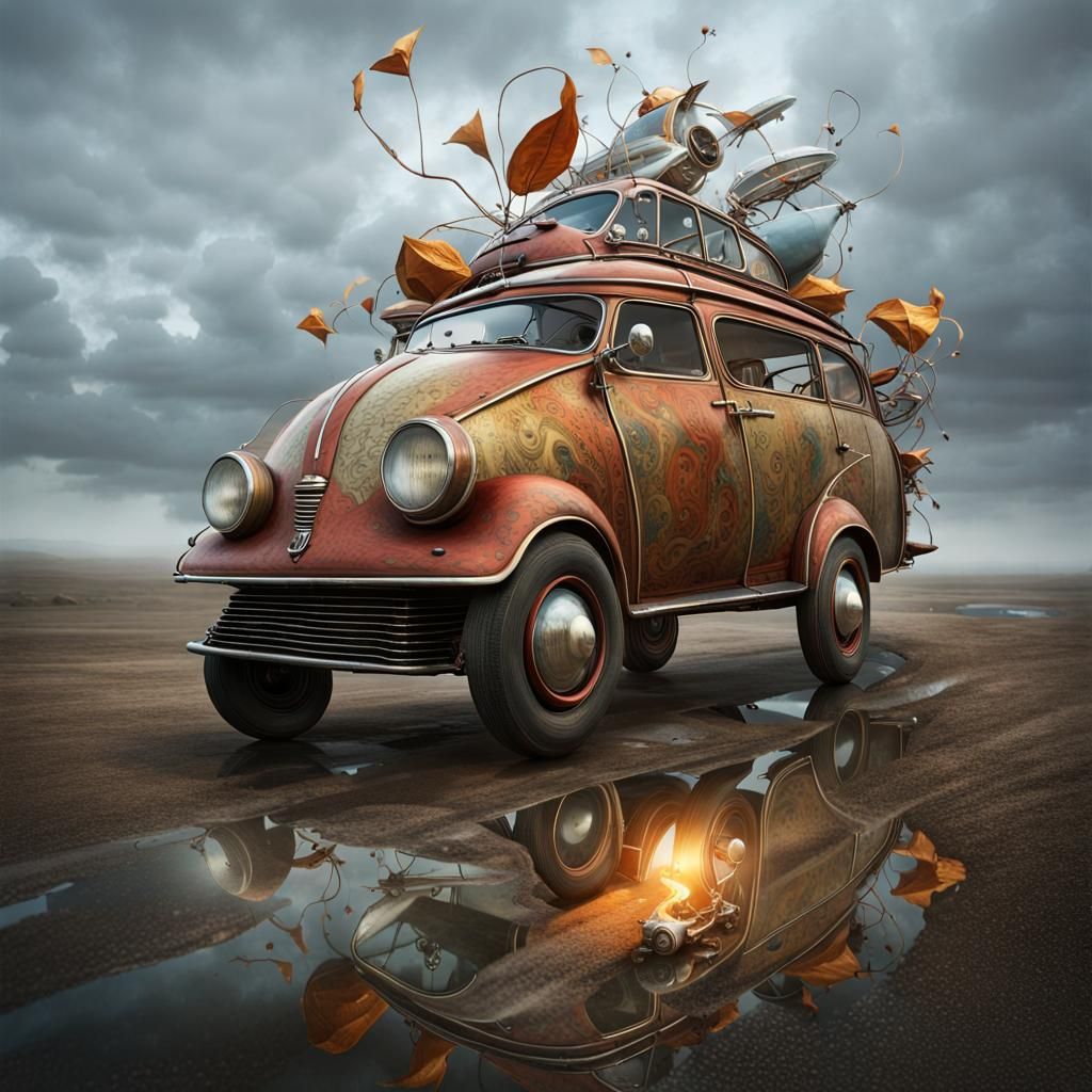 Surreal Racing Cars Under a Magical Rising Sun