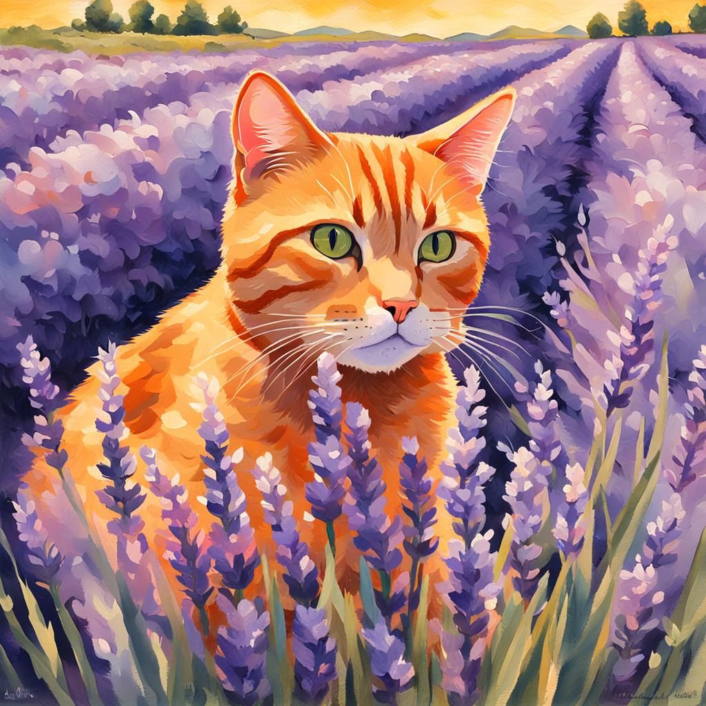 Ginger Cat in Lavender Field: Impressionist Gouache Painting