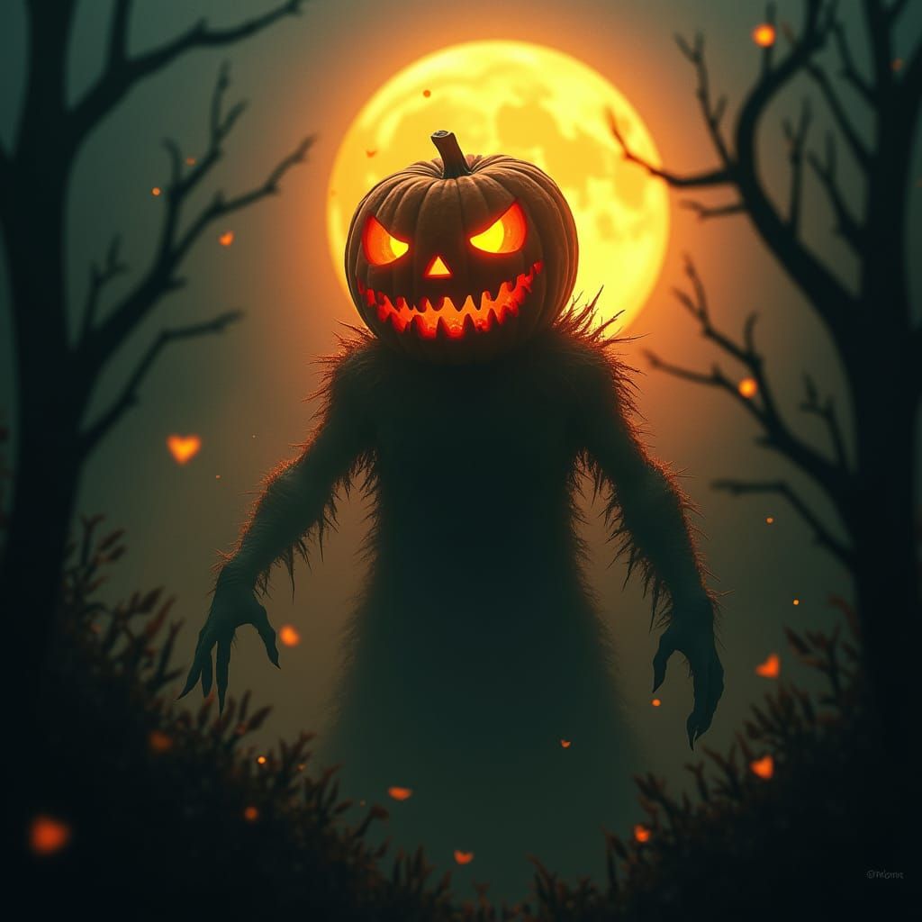 Jack O'Lantern Monster Emerges in Ethereal Moonlight