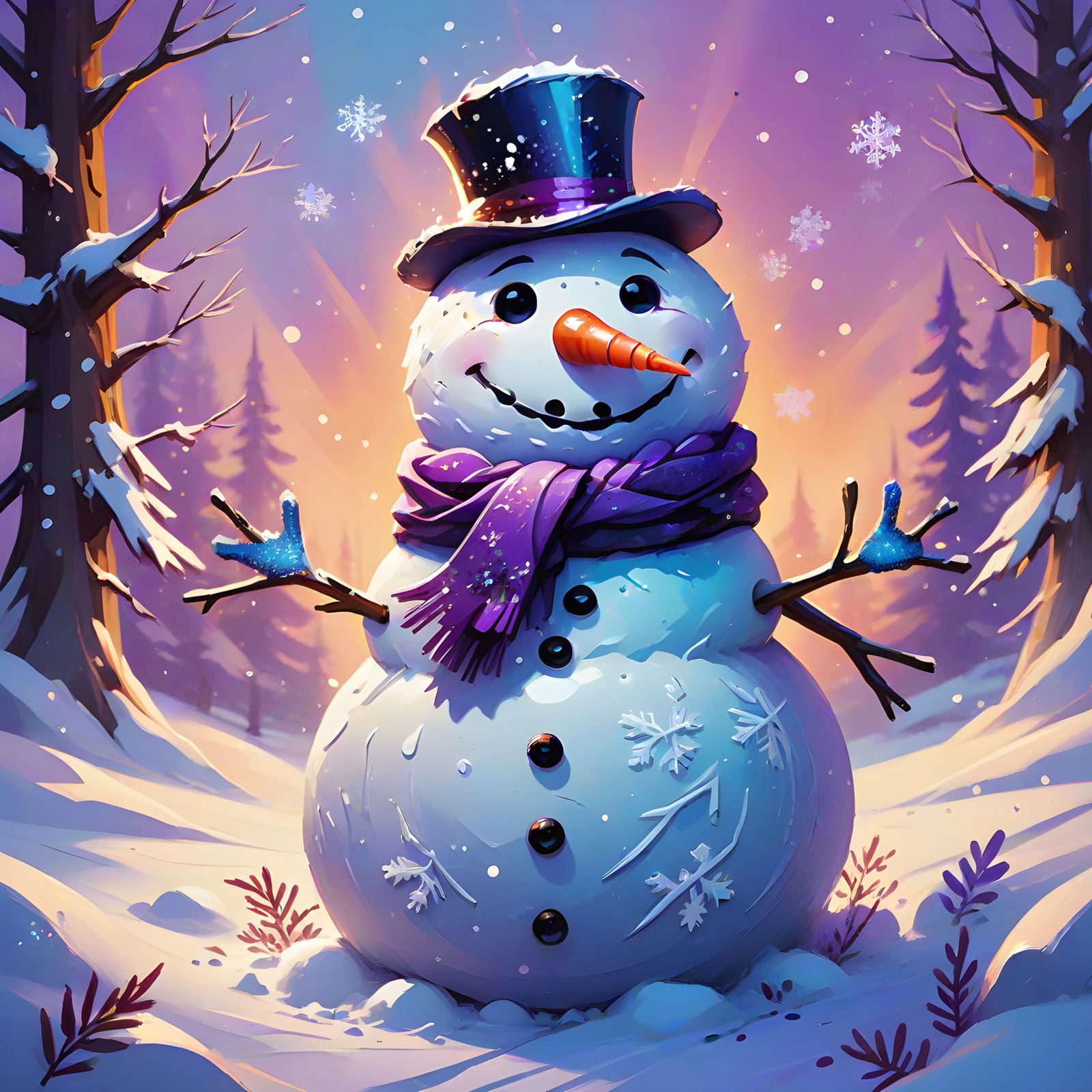 Surreal Whimsical Snowman in Vibrant Oil Painting Style