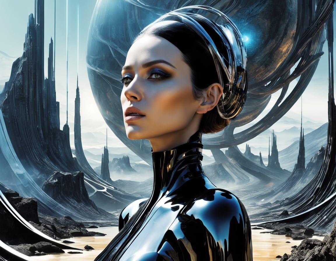 Black Tourmaline Ambassador in Surreal Sci-Fi Landscape