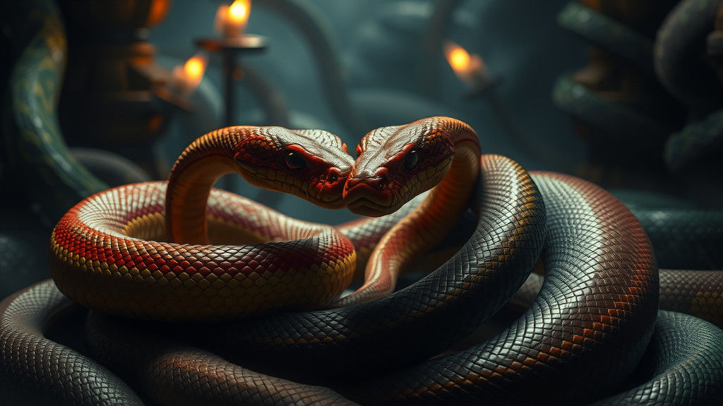 Majestic Serpents in Ancient Room, Hyperrealistic Close-Up