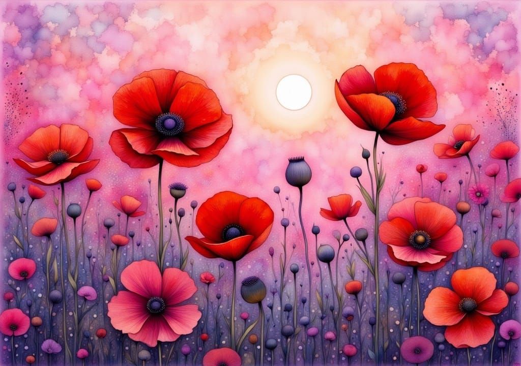 Poppies in Pink Light: A Pointillist Vision