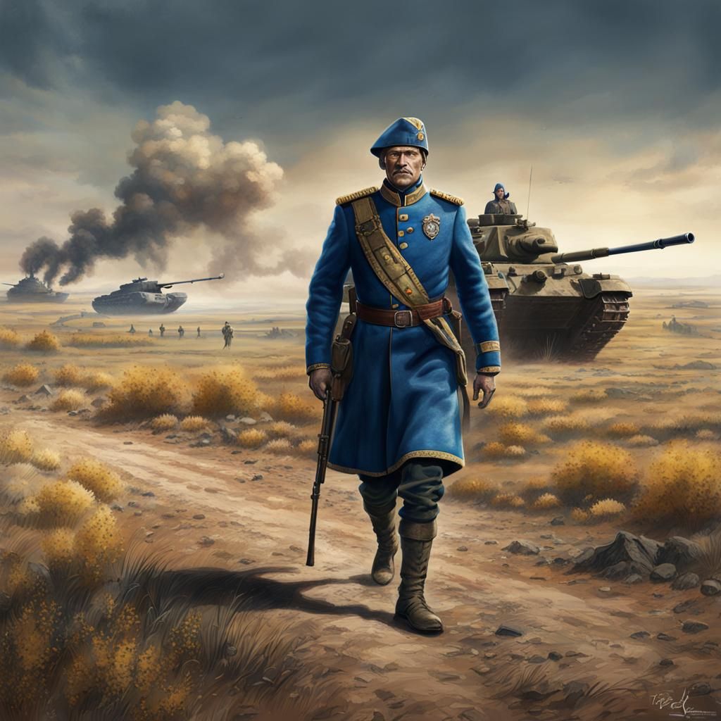 Cossack Soldier in Burned Steppe Landscape
