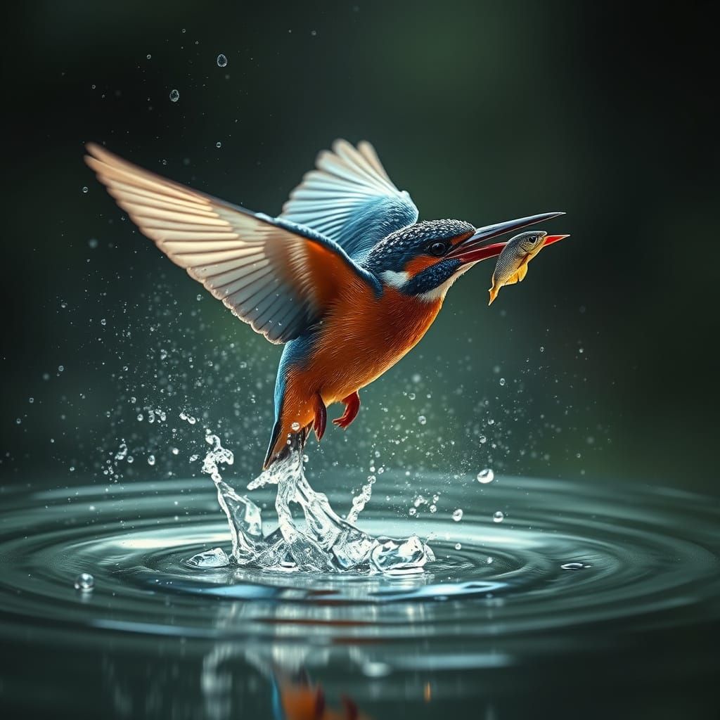 Suspended Kingfisher in Vibrant Plumage, Frozen in Mid-Air