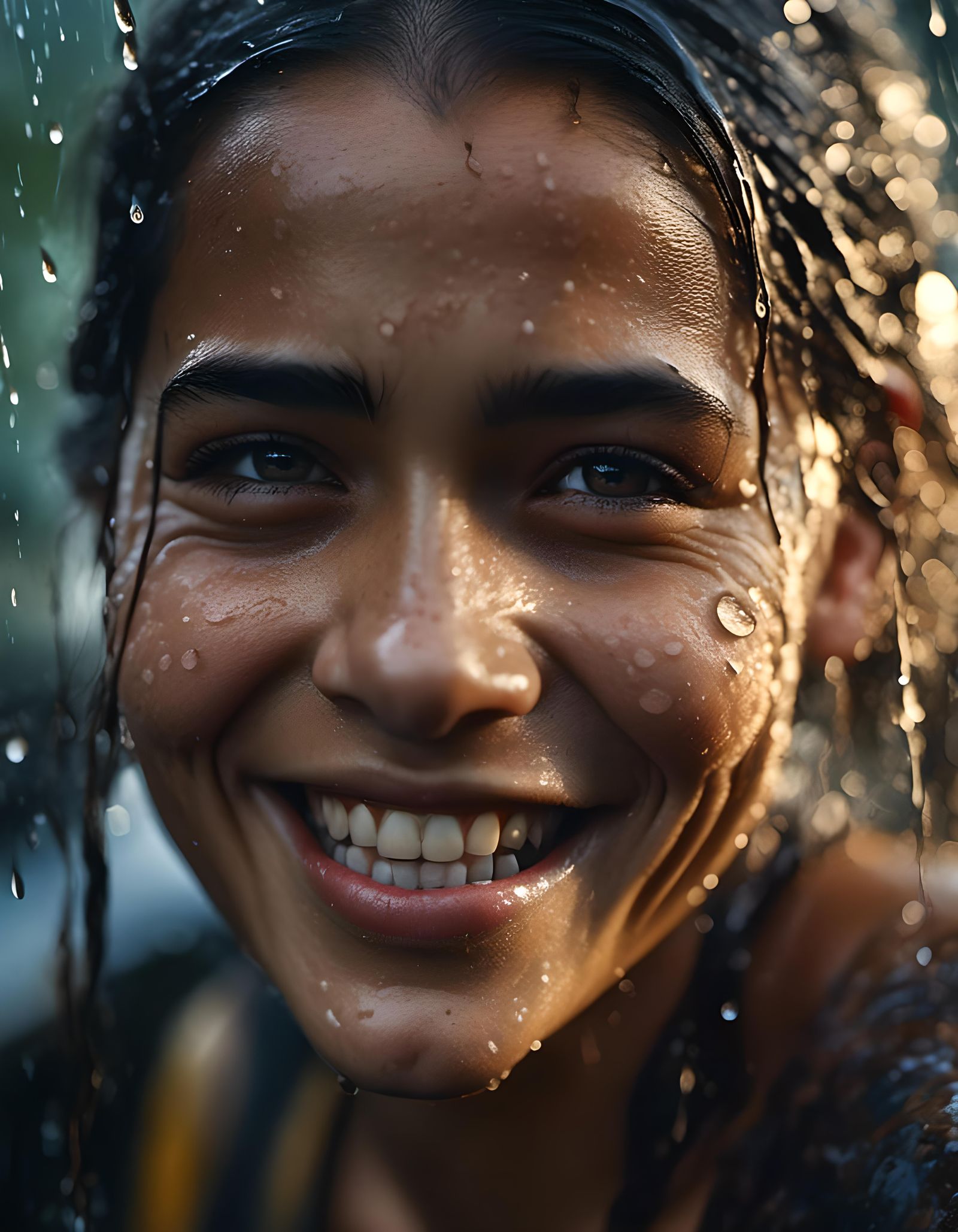 Laughing Aboriginal Woman Behind Wet Glass: Macro Photograph