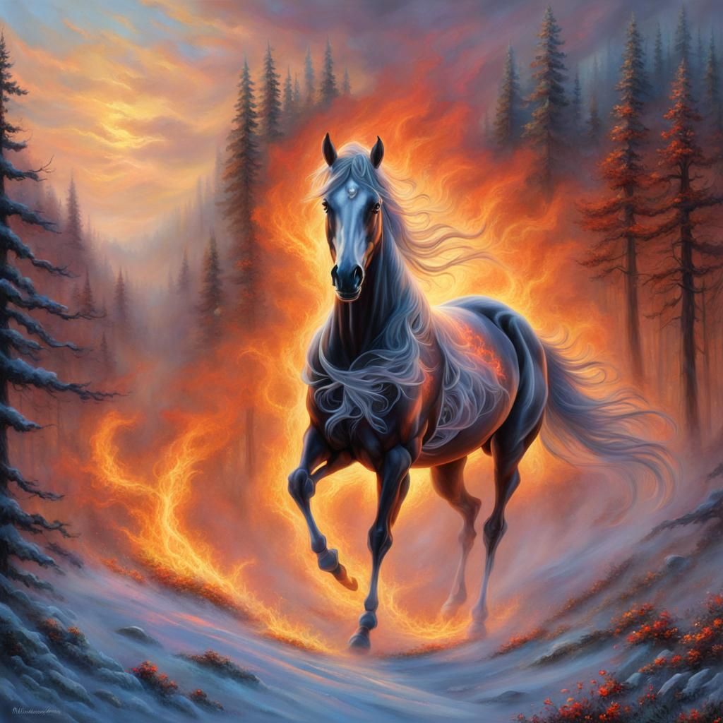 Fiery Horse Skeleton in Ethereal Fantasy Style
