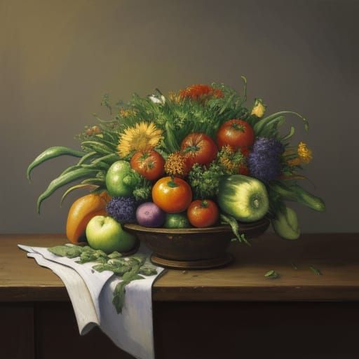 Vibrant Still Life of Vegetables in Expressive Oil Painting