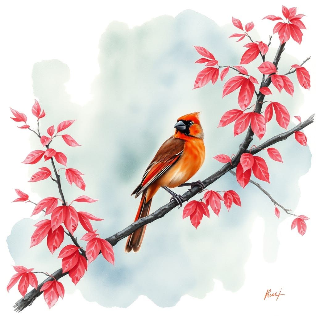 Red Bird in Tree Watercolor, Sumi-e Style