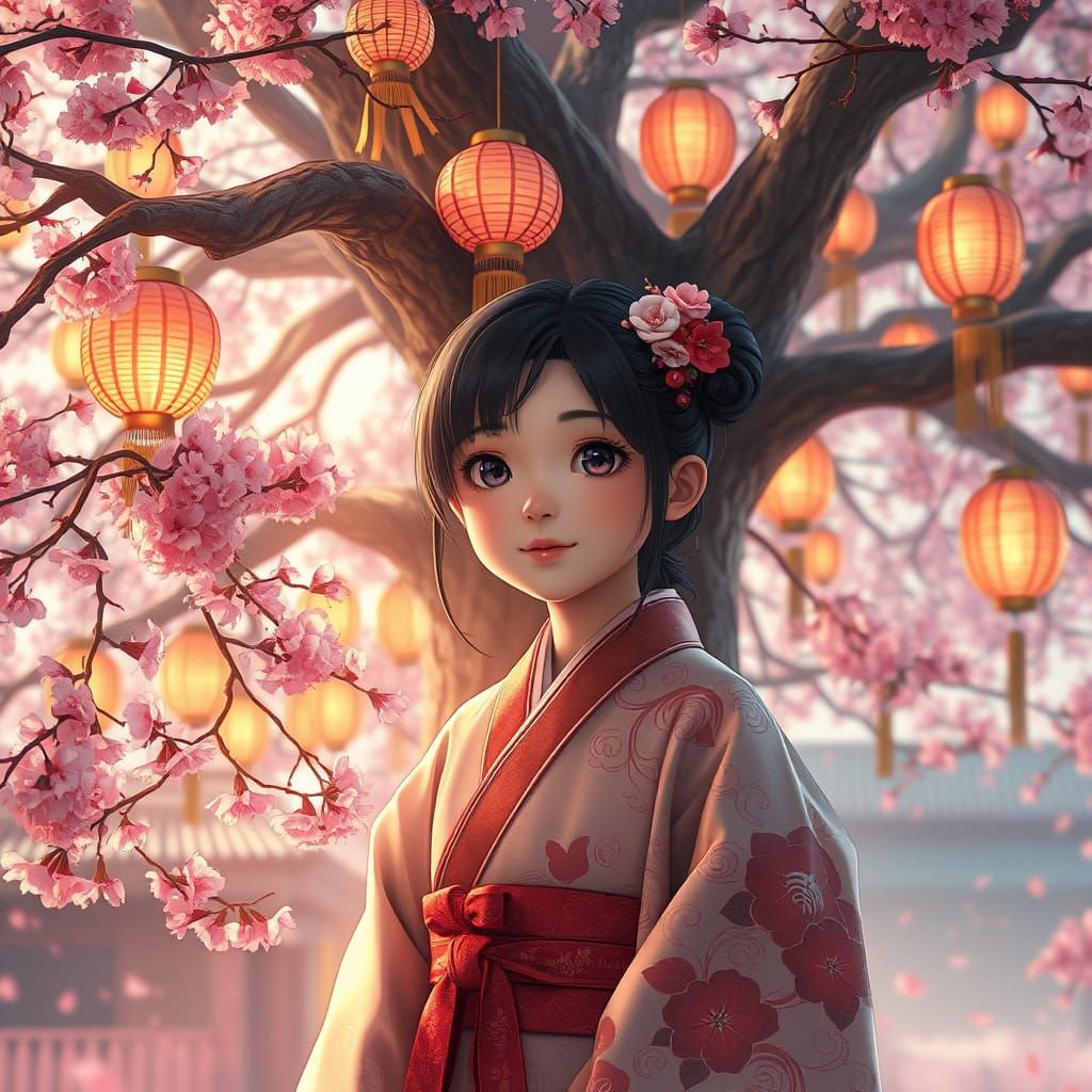 Enchanted Girl in Whimsical Cherry Blossom Wonderland